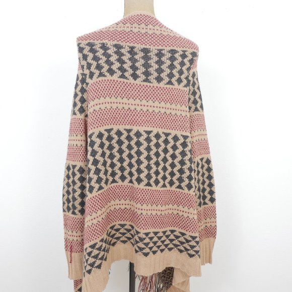 Full Tilt Tan Black Red Boho Print Fringe Uneven Hem Soft Size Small Cardigan - Picture 8 of 13